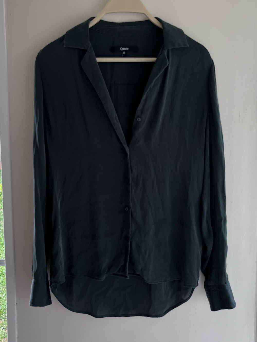 Quince dark green silk button up blouse